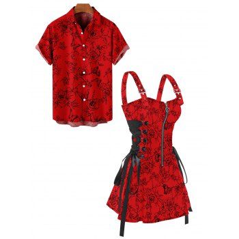 Rose Flower Butterfly Print Buckle Strap Lace Up Half Zipper Mini Dress And Short Sleeve Shirt Matching Set