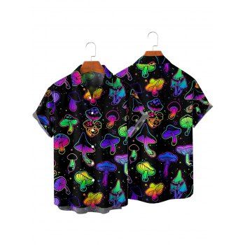 Psychedelic Mushroom Galaxy Print Lace Up Half Zipper Mini Dress And Short Sleeve Shirt Matching Outfit