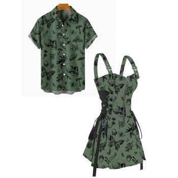 Skull Butterfly Mushroom Plant Print Lace Up Half Zipper Buckle Strap Mini Dress And Short Sleeve Shirt Matching Outfit