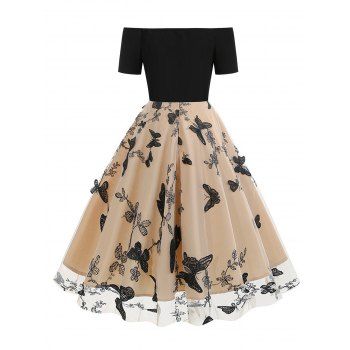 Contrast Color Off The Shoulder Vintage Dress Butterfly Flower Mesh Overlay Short Sleeve Mini Dress 