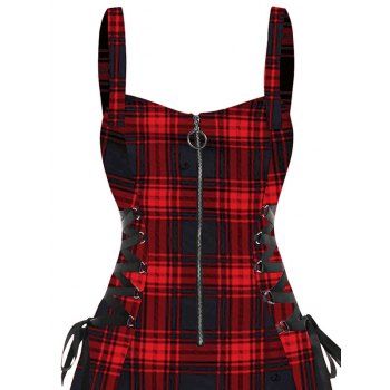 Retro Plaid Print Lace Up Dress O Ring Half Zipper Adjustable Buckle Strap Sleeveless Dress 