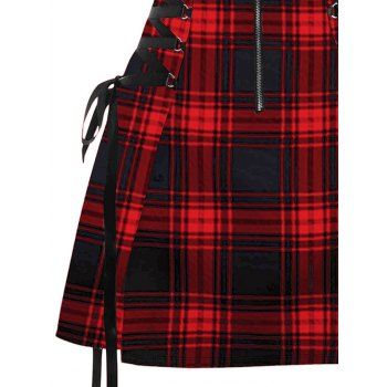 Retro Plaid Print Lace Up Dress O Ring Half Zipper Adjustable Buckle Strap Sleeveless Dress 