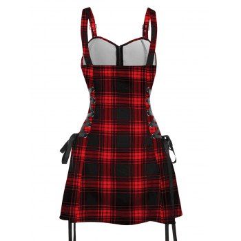 Retro Plaid Print Lace Up Dress O Ring Half Zipper Adjustable Buckle Strap Sleeveless Dress 
