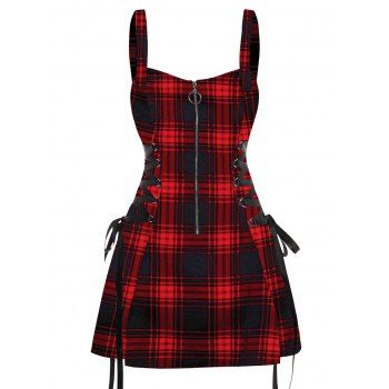 Retro Plaid Print Lace Up Dress O Ring Half Zipper Adjustable Buckle Strap Sleeveless Dress 