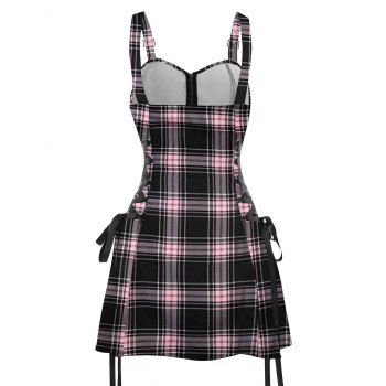 Retro Plaid Print Lace Up Half Zipper Buckle Strap Mini Dress And Short Sleeve Shirt Matching Outfit