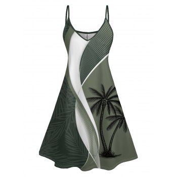 Colorblock Coconut Tree Leaf Print Vacation Dress V Neck Spaghetti Strap A Line Dress