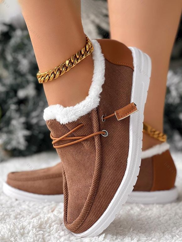 Fur-Lined Lace-Up Canvas Shoes Flat Winter Warm Snow Boots - café EU 43