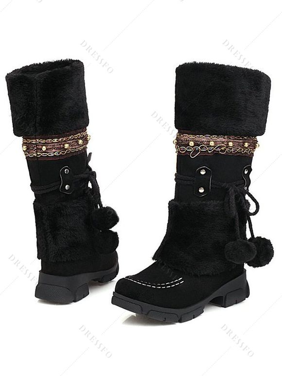 Mid-Heel Ethnic Style Winter Boots Faux Fur Lining Pom-Pom Decoration High Boots - Noir EU 36