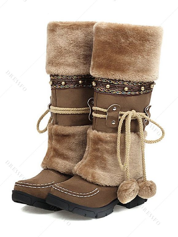 Mid-Heel Ethnic Style Winter Boots Faux Fur Lining Pom-Pom Decoration High Boots - café EU 42