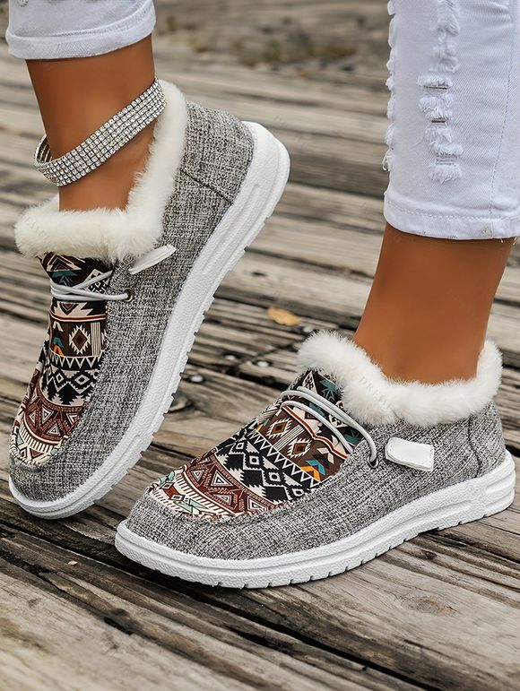 Tribal Print Lace-Up Canvas Flats Boots Faux Fur Trim Women's Casual Shoes - Gris Clair EU 36