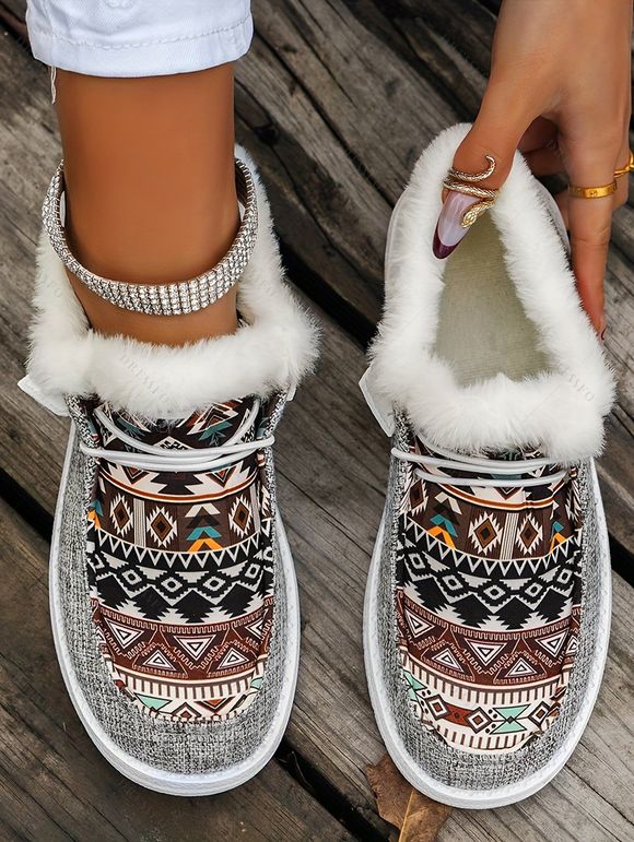 Tribal Print Lace-Up Canvas Flats Boots Faux Fur Trim Women's Casual Shoes - Gris Clair EU 38