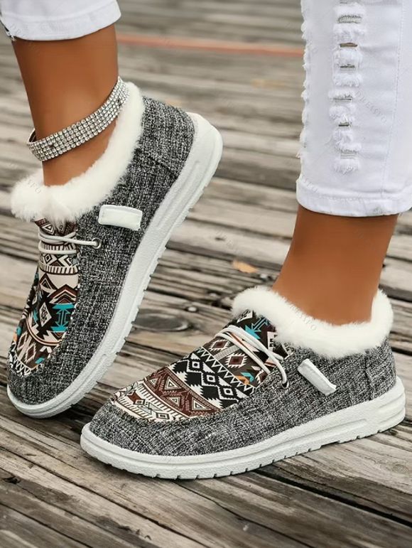 Tribal Print Lace-Up Canvas Flats Boots Faux Fur Trim Women's Casual Shoes - Gris Foncé EU 43