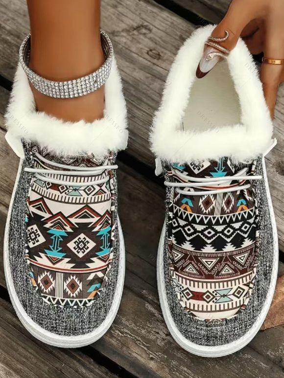Tribal Print Lace-Up Canvas Flats Boots Faux Fur Trim Women's Casual Shoes - Gris Foncé EU 43