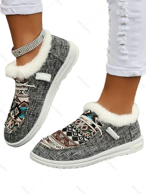 Tribal Print Lace-Up Canvas Flats Boots Faux Fur Trim Women's Casual Shoes - Gris Foncé EU 43