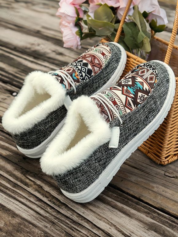 Tribal Print Lace-Up Canvas Flats Boots Faux Fur Trim Women's Casual Shoes - Gris Foncé EU 43