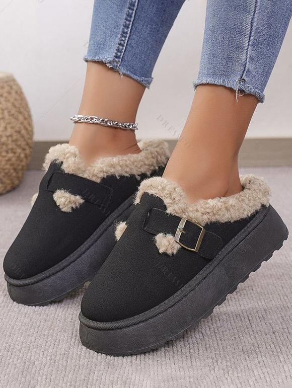 Winter Thick-Soled Buckle Strap Warm Slippers - Noir EU 36