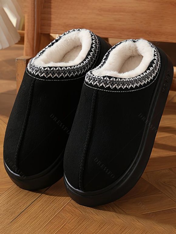 Ethnic Style Fleece-Lined Thick-Soled Winter Fashion Slippers - Noir EU (36-37)