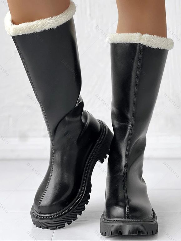 High-Cut Fleece-Lined Back Zipper Faux Fur Trimmed Riding Boots - Noir EU 35