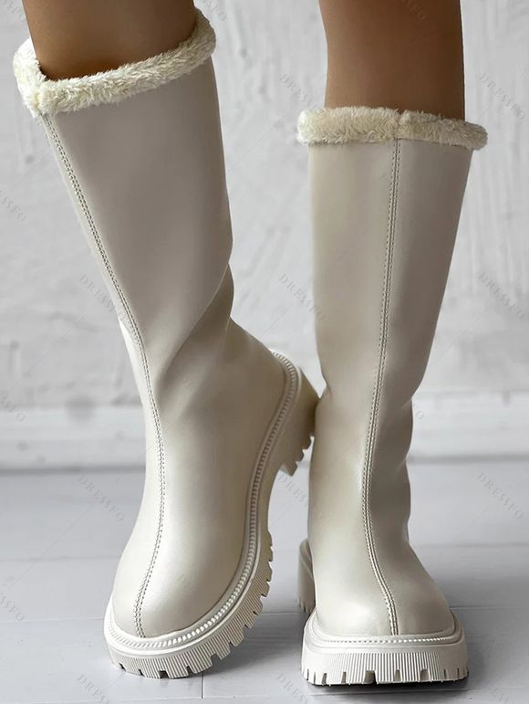 High-Cut Fleece-Lined Back Zipper Faux Fur Trimmed Riding Boots - Blanc EU 42