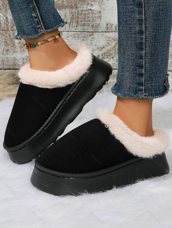 Furry Trim Thick-Soled Cotton Warm Winter Slippers - Noir EU (36-37)