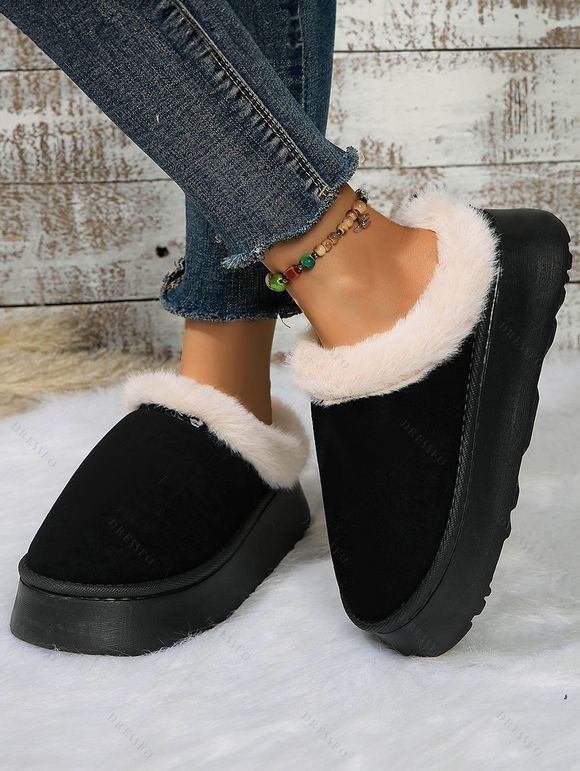 Furry Trim Thick-Soled Cotton Warm Winter Slippers - Noir EU (40-41)