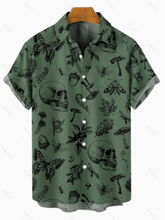 Chemise Boutonnée Crâne Saignant Imprimé Partout à Manches Courtes - Vert profond L