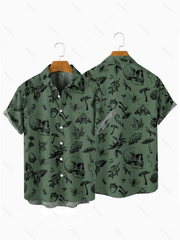 Chemise Boutonnée Crâne Saignant Imprimé Partout à Manches Courtes - Vert profond L