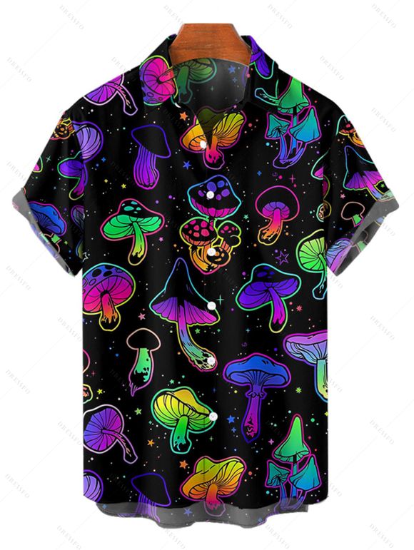 Chemise Champignon Imprimé Boutonnée à Manches Courtes à Col Relevé - Noir M