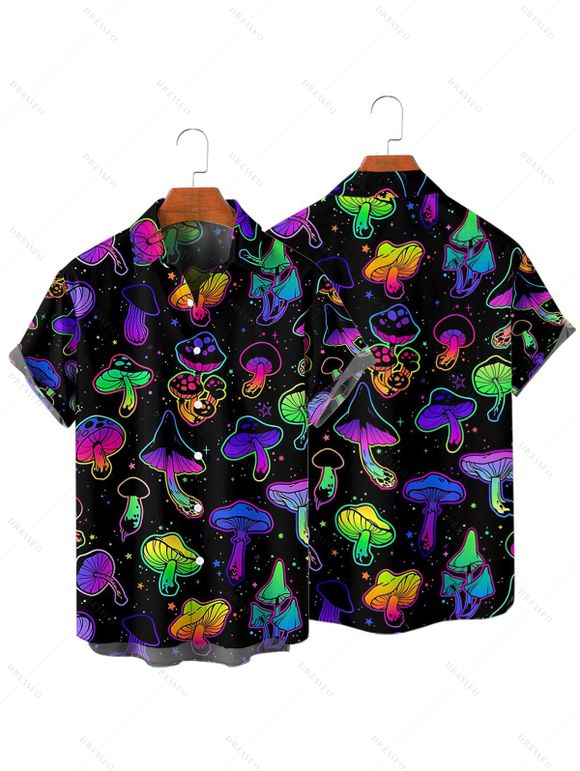 Chemise Champignon Imprimé Boutonnée à Manches Courtes à Col Relevé - Noir M