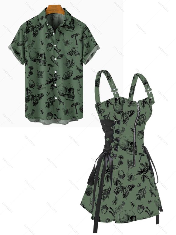 Skull Butterfly Mushroom Plant Print Lace Up Half Zipper Buckle Strap Mini Dress And Short Sleeve Shirt Matching Outfit - Vert profond S | US 4