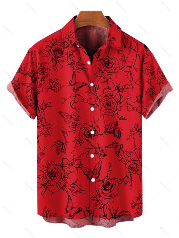 Chemise de Vacances Fleur et Papillon Imprimés Boutonnée Manches Courtes à Col Relevé - Rouge 2XL