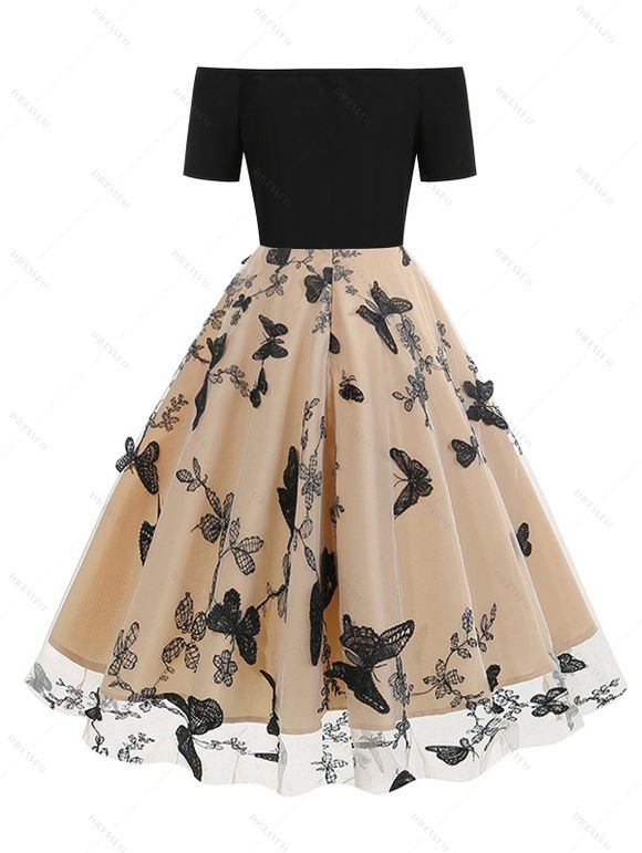 Mini Robe Vintage Fleur Papillon Superposée à Epaule Dénudée Manches Courtes - Noir XL | US 10