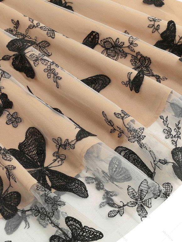 Mini Robe Vintage Fleur Papillon Superposée à Epaule Dénudée Manches Courtes - Noir XL | US 10