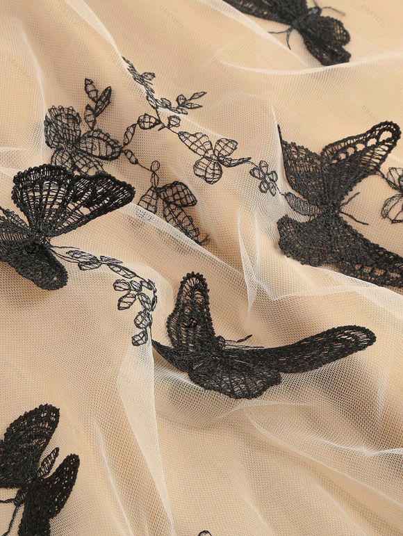 Mini Robe Vintage Fleur Papillon Superposée à Epaule Dénudée Manches Courtes - Noir XL | US 10