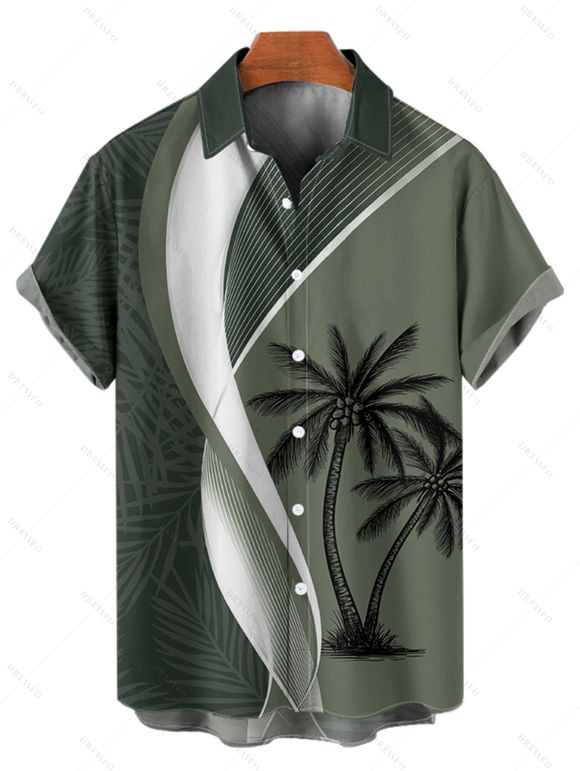 Chemise de Vacances Boutonnée Feuille de Noix de Coco Imprimée à Manches Courtes - Vert clair 5XL