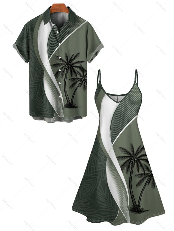 Colorblock Coconut Tree Leaf Print Spaghetti Strap Vacation Dress And Roll Up Sleeve Shirt Matching Outfit - Vert clair S | US 4