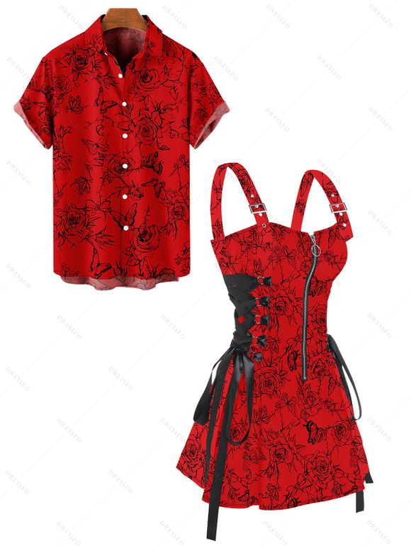 Rose Flower Butterfly Print Buckle Strap Lace Up Half Zipper Mini Dress And Short Sleeve Shirt Matching Set - Rouge S | US 4