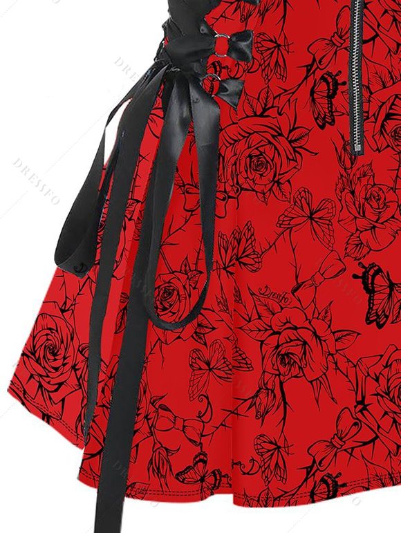Rose Flower Butterfly Print Buckle Strap Lace Up Half Zipper Mini Dress And Short Sleeve Shirt Matching Set - Rouge S | US 4