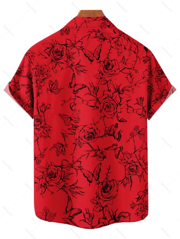 Rose Flower Butterfly Print Buckle Strap Lace Up Half Zipper Mini Dress And Short Sleeve Shirt Matching Set - Rouge S | US 4