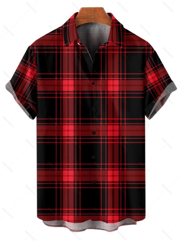Chemise Décontractée à Carreaux Imprimé Boutonnée Manches Courtes à Col Relevé - Rouge L