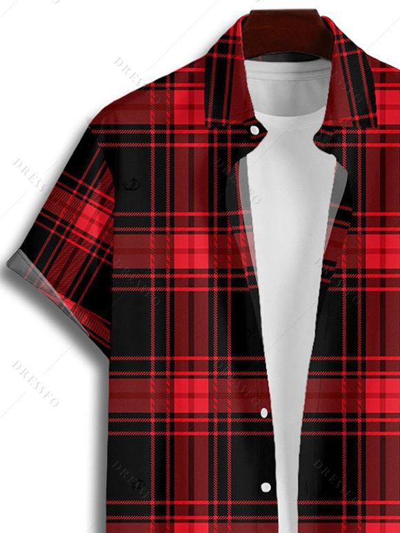 Chemise Décontractée à Carreaux Imprimé Boutonnée Manches Courtes à Col Relevé - Rouge L