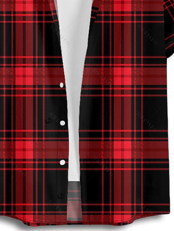 Chemise Décontractée à Carreaux Imprimé Boutonnée Manches Courtes à Col Relevé - Rouge L