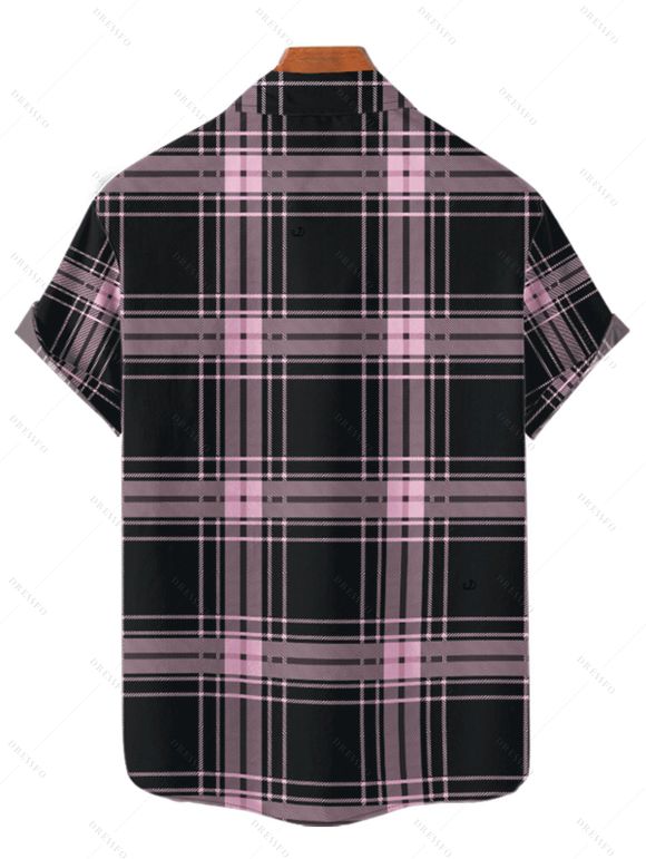 Chemise Décontractée à Carreaux Imprimé Boutonnée Manches Courtes à Col Relevé - Rose clair S