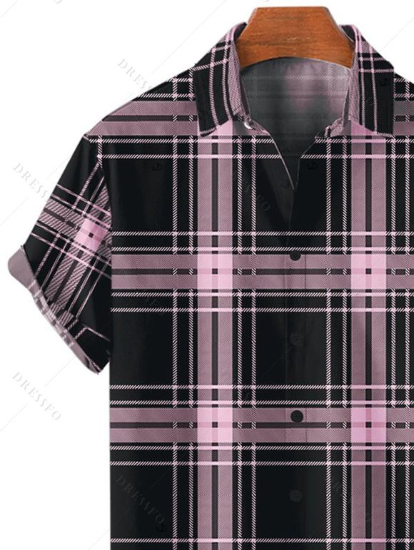 Chemise Décontractée à Carreaux Imprimé Boutonnée Manches Courtes à Col Relevé - Rose clair S