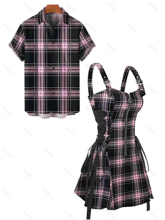 Retro Plaid Print Lace Up Half Zipper Buckle Strap Mini Dress And Short Sleeve Shirt Matching Outfit - Rose clair S | US 4