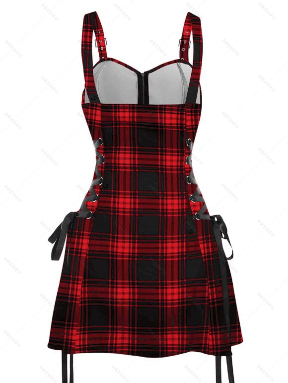 Robe Rétro à Carreaux Imprimé à Demi-Zip sans Manches Bouclée Ajustable à Lacets - Rouge XL | US 10