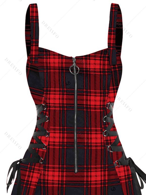 Robe Rétro à Carreaux Imprimé à Demi-Zip sans Manches Bouclée Ajustable à Lacets - Rouge XL | US 10