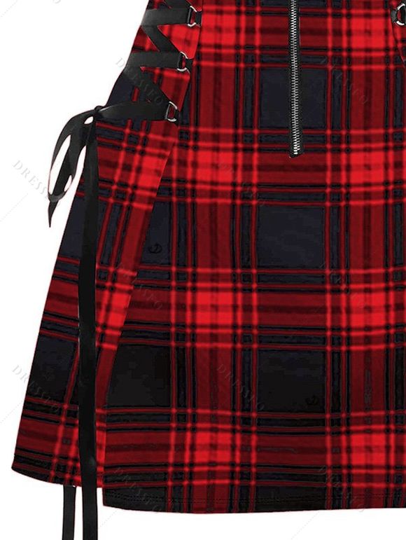 Robe Rétro à Carreaux Imprimé à Demi-Zip sans Manches Bouclée Ajustable à Lacets - Rouge XL | US 10
