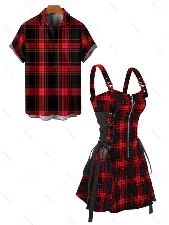 Retro Plaid Print Lace Up Half Zipper Buckle Strap Mini Dress And Short Sleeve Shirt Matching Outfit - Rouge S | US 4