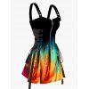 Colorful Aurora Dots Print Lace Up Half Zipper Buckle Strap Mini Dress And Short Sleeve Shirt Matching Outfit - Noir S | US 4